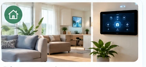 Bright living room with local smart-home control panel